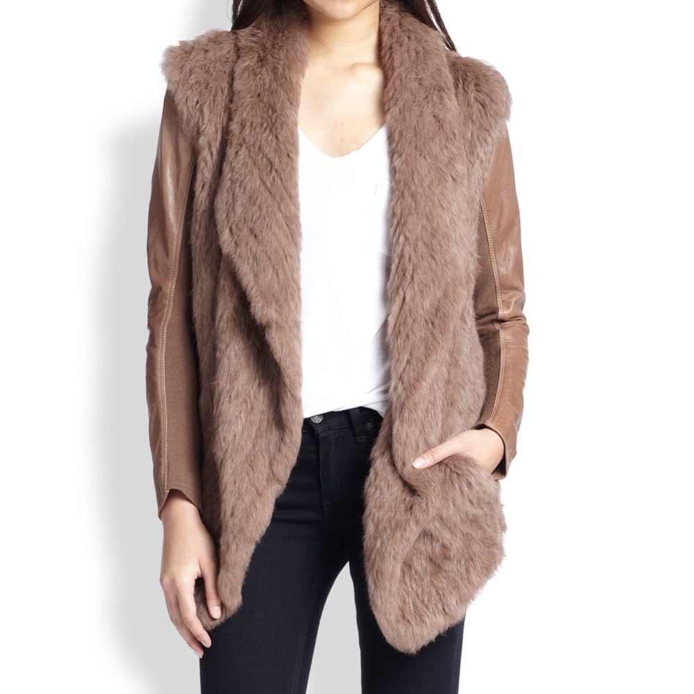 Brown fur rabbit jacket with leather sleeves